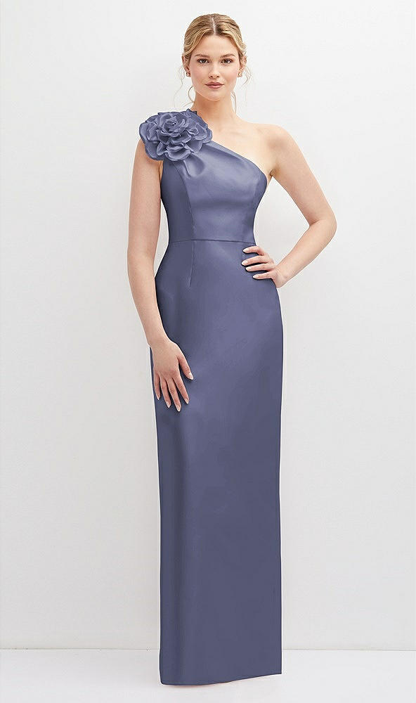 Front View - French Blue Oversized Flower One-Shoulder Satin Column Dress