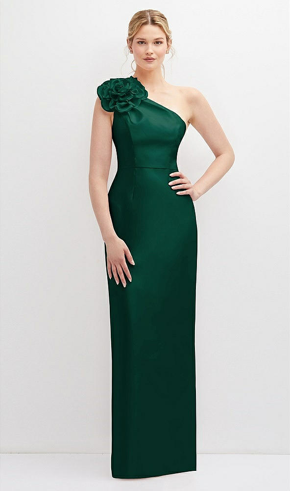 Front View - Hunter Green Oversized Flower One-Shoulder Satin Column Dress