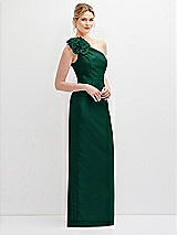 Side View Thumbnail - Hunter Green Oversized Flower One-Shoulder Satin Column Dress