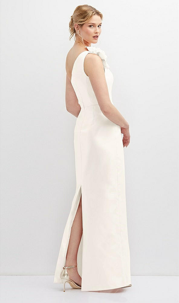 Back View - Ivory Oversized Flower One-Shoulder Satin Column Dress