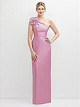Front View Thumbnail - Powder Pink Oversized Flower One-Shoulder Satin Column Dress