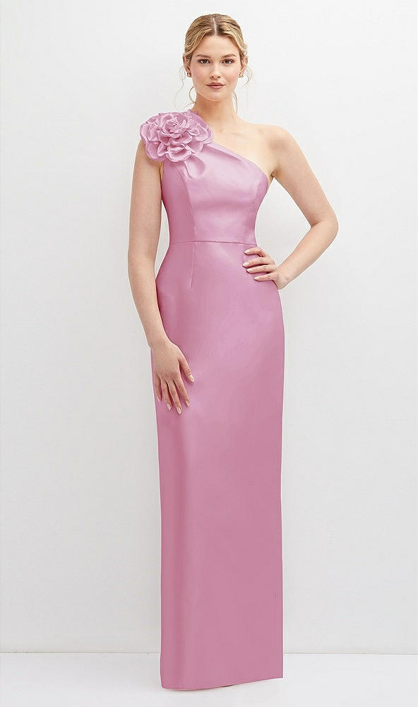 Front View - Powder Pink Oversized Flower One-Shoulder Satin Column Dress