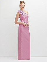 Side View Thumbnail - Powder Pink Oversized Flower One-Shoulder Satin Column Dress