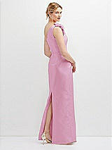 Rear View Thumbnail - Powder Pink Oversized Flower One-Shoulder Satin Column Dress