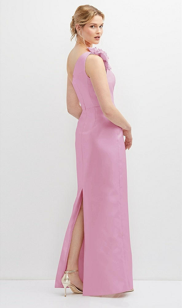 Back View - Powder Pink Oversized Flower One-Shoulder Satin Column Dress