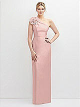 Front View Thumbnail - Rose - PANTONE Rose Quartz Oversized Flower One-Shoulder Satin Column Dress