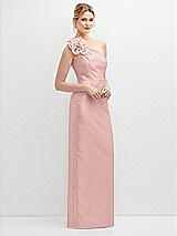 Side View Thumbnail - Rose - PANTONE Rose Quartz Oversized Flower One-Shoulder Satin Column Dress