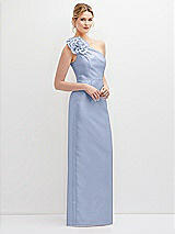 Side View Thumbnail - Sky Blue Oversized Flower One-Shoulder Satin Column Dress