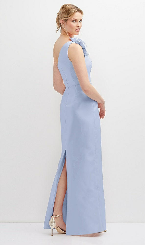 Back View - Sky Blue Oversized Flower One-Shoulder Satin Column Dress