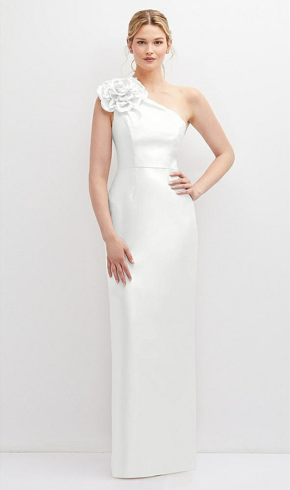 Front View - White Oversized Flower One-Shoulder Satin Column Dress