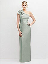 Front View Thumbnail - Willow Green Oversized Flower One-Shoulder Satin Column Dress