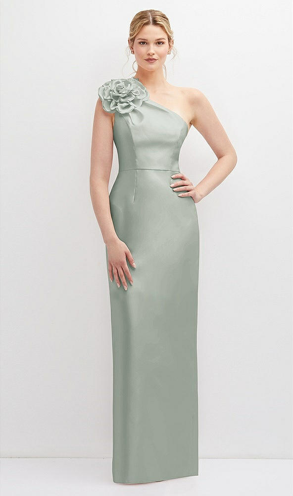 Front View - Willow Green Oversized Flower One-Shoulder Satin Column Dress