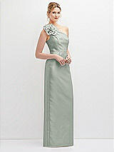 Side View Thumbnail - Willow Green Oversized Flower One-Shoulder Satin Column Dress