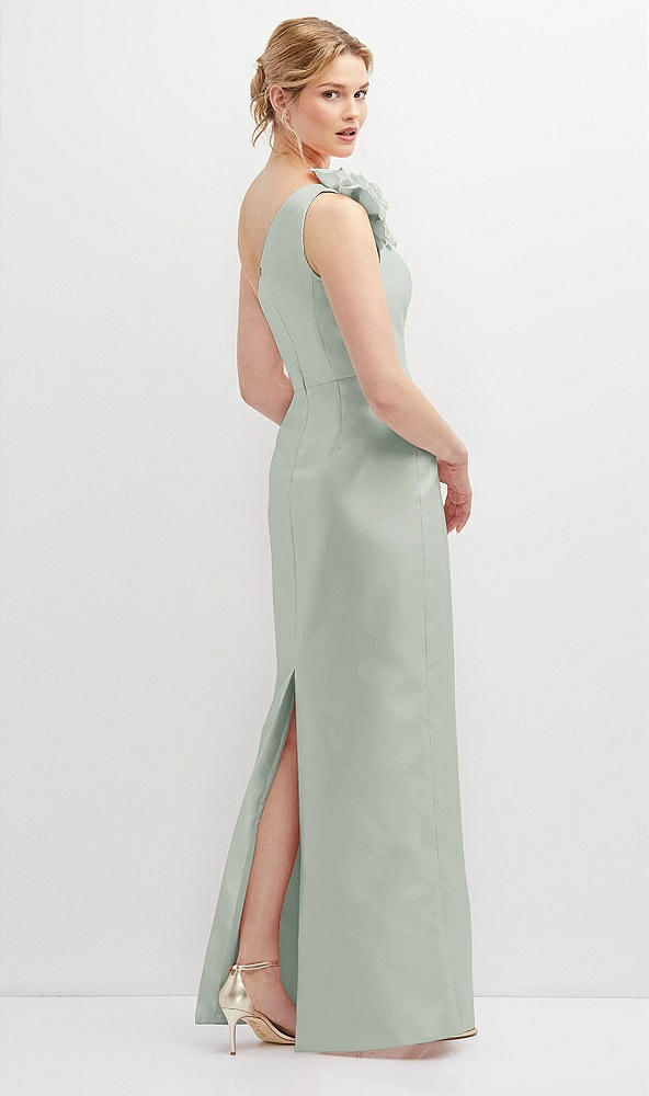 Back View - Willow Green Oversized Flower One-Shoulder Satin Column Dress