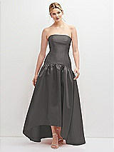 Front View Thumbnail - Caviar Gray Strapless Fitted Satin High Low Dress with Shirred Ballgown Skirt