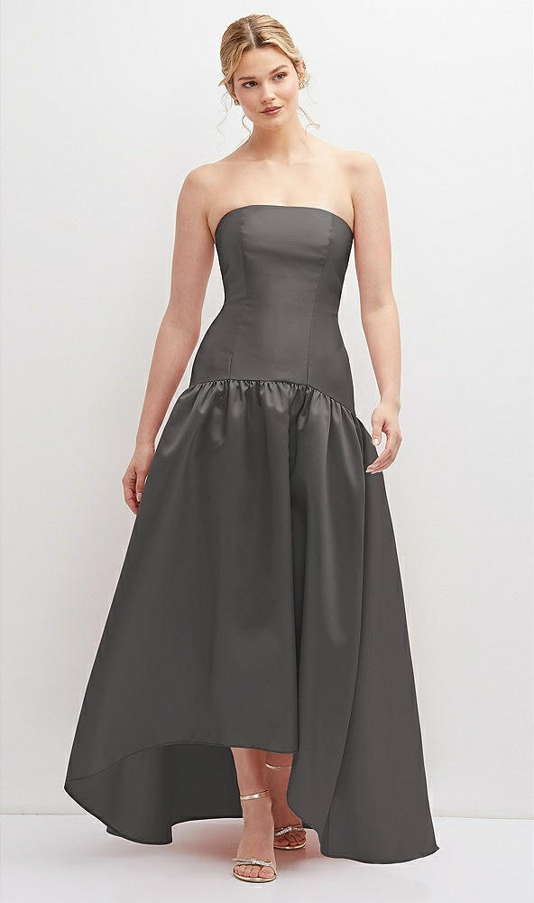 Front View - Caviar Gray Strapless Fitted Satin High Low Dress with Shirred Ballgown Skirt