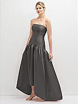 Side View Thumbnail - Caviar Gray Strapless Fitted Satin High Low Dress with Shirred Ballgown Skirt