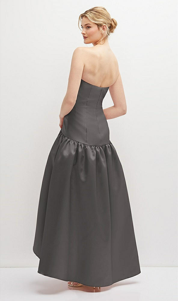 Back View - Caviar Gray Strapless Fitted Satin High Low Dress with Shirred Ballgown Skirt