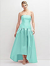 Front View Thumbnail - Coastal Strapless Fitted Satin High Low Dress with Shirred Ballgown Skirt