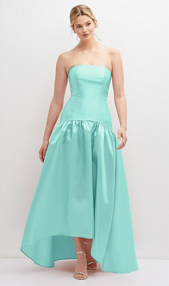 Front View - Coastal Strapless Fitted Satin High Low Dress with Shirred Ballgown Skirt