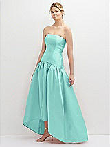 Side View Thumbnail - Coastal Strapless Fitted Satin High Low Dress with Shirred Ballgown Skirt