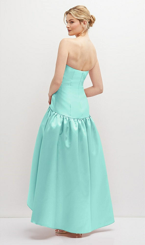 Back View - Coastal Strapless Fitted Satin High Low Dress with Shirred Ballgown Skirt