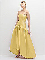 Side View Thumbnail - Maize Strapless Fitted Satin High Low Dress with Shirred Ballgown Skirt
