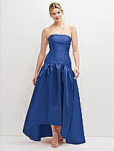 Front View Thumbnail - Classic Blue Strapless Fitted Satin High Low Dress with Shirred Ballgown Skirt