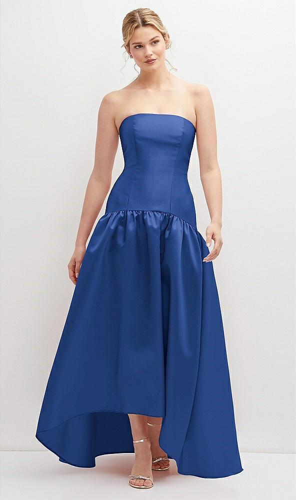 Front View - Classic Blue Strapless Fitted Satin High Low Dress with Shirred Ballgown Skirt