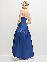 Rear View Thumbnail - Classic Blue Strapless Fitted Satin High Low Dress with Shirred Ballgown Skirt