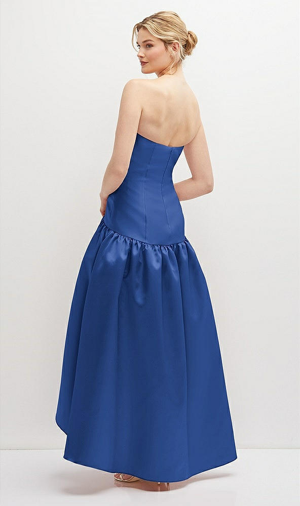 Back View - Classic Blue Strapless Fitted Satin High Low Dress with Shirred Ballgown Skirt