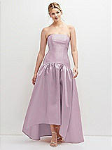 Front View Thumbnail - Suede Rose Strapless Fitted Satin High Low Dress with Shirred Ballgown Skirt