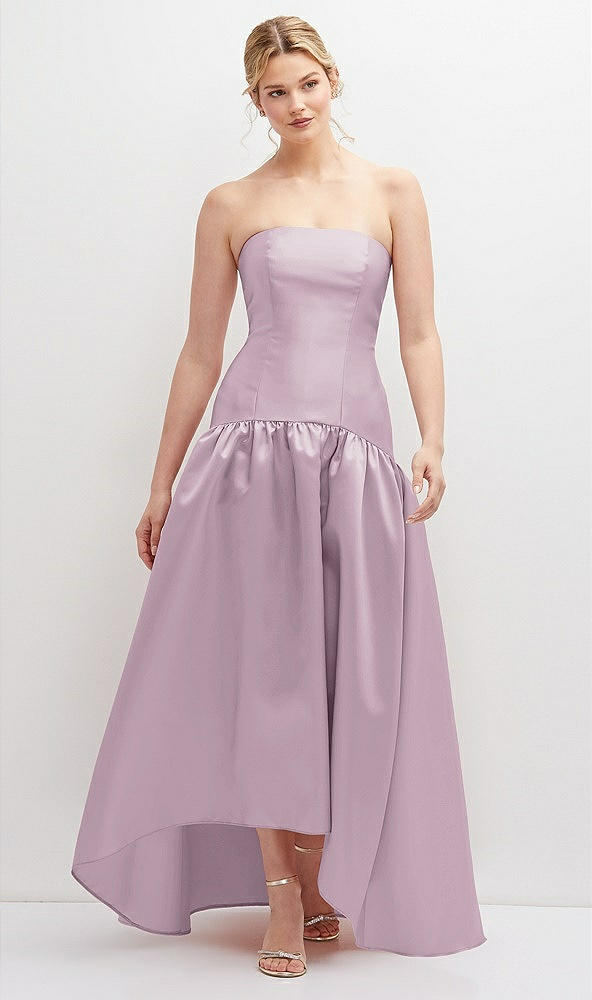 Front View - Suede Rose Strapless Fitted Satin High Low Dress with Shirred Ballgown Skirt