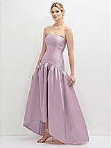 Side View Thumbnail - Suede Rose Strapless Fitted Satin High Low Dress with Shirred Ballgown Skirt