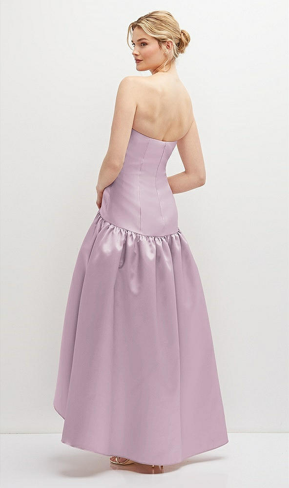 Back View - Suede Rose Strapless Fitted Satin High Low Dress with Shirred Ballgown Skirt