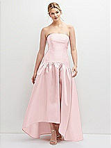 Front View Thumbnail - Ballet Pink Strapless Fitted Satin High Low Dress with Shirred Ballgown Skirt