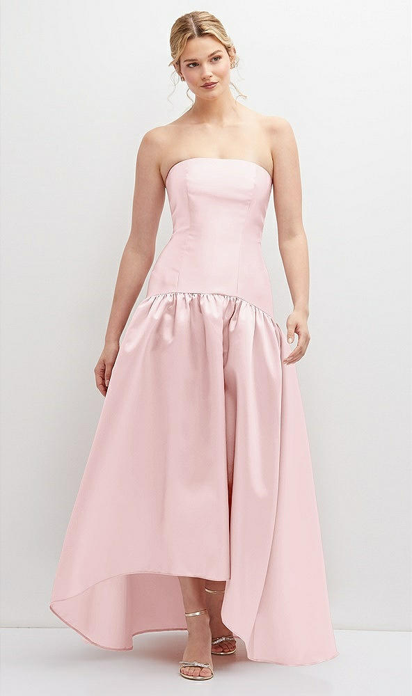 Front View - Ballet Pink Strapless Fitted Satin High Low Dress with Shirred Ballgown Skirt