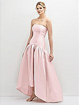 Side View Thumbnail - Ballet Pink Strapless Fitted Satin High Low Dress with Shirred Ballgown Skirt