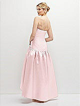 Rear View Thumbnail - Ballet Pink Strapless Fitted Satin High Low Dress with Shirred Ballgown Skirt