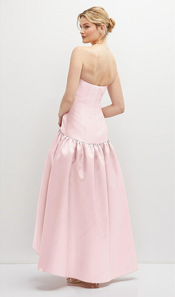 Back View - Ballet Pink Strapless Fitted Satin High Low Dress with Shirred Ballgown Skirt