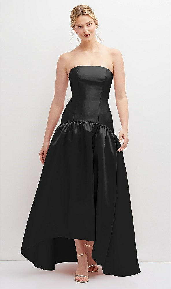Front View - Black Strapless Fitted Satin High Low Dress with Shirred Ballgown Skirt