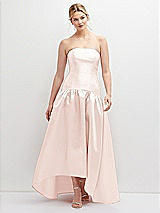 Front View Thumbnail - Blush Strapless Fitted Satin High Low Dress with Shirred Ballgown Skirt