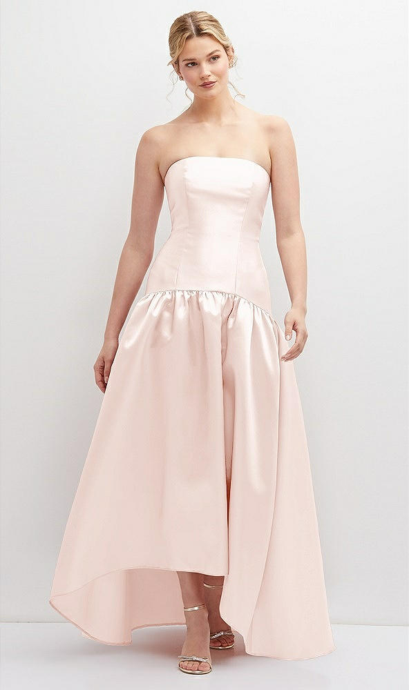 Front View - Blush Strapless Fitted Satin High Low Dress with Shirred Ballgown Skirt