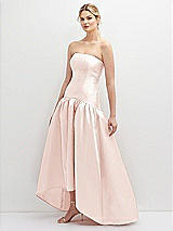 Side View Thumbnail - Blush Strapless Fitted Satin High Low Dress with Shirred Ballgown Skirt