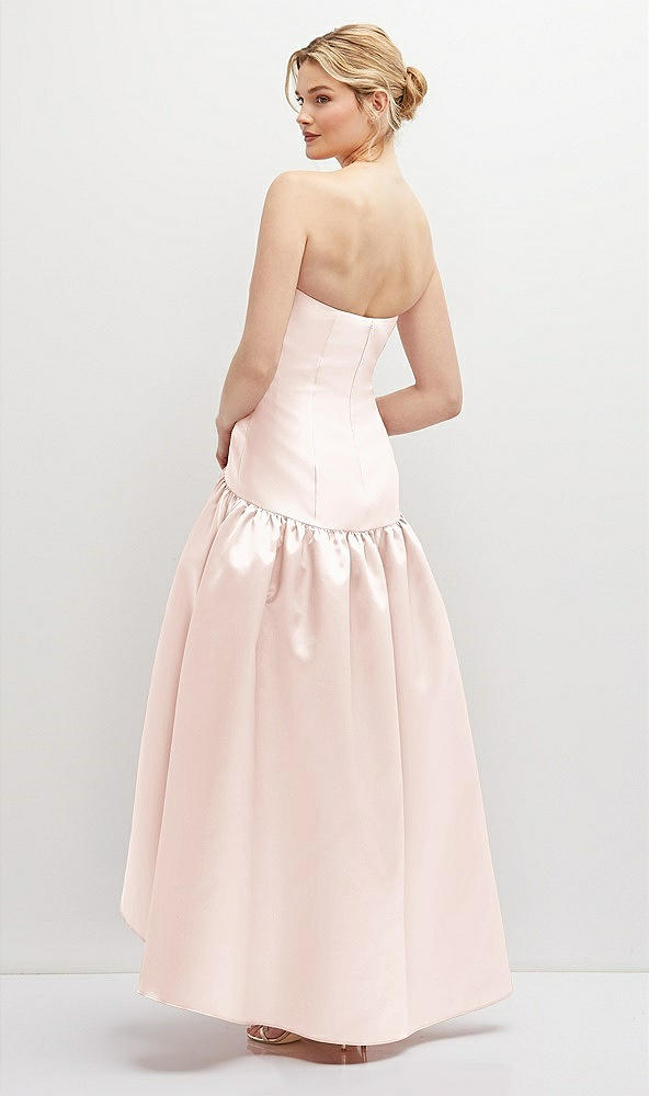 Back View - Blush Strapless Fitted Satin High Low Dress with Shirred Ballgown Skirt
