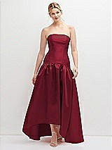 Front View Thumbnail - Burgundy Strapless Fitted Satin High Low Dress with Shirred Ballgown Skirt