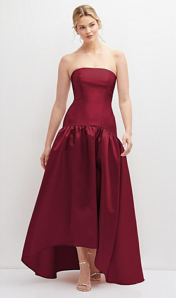 Front View - Burgundy Strapless Fitted Satin High Low Dress with Shirred Ballgown Skirt