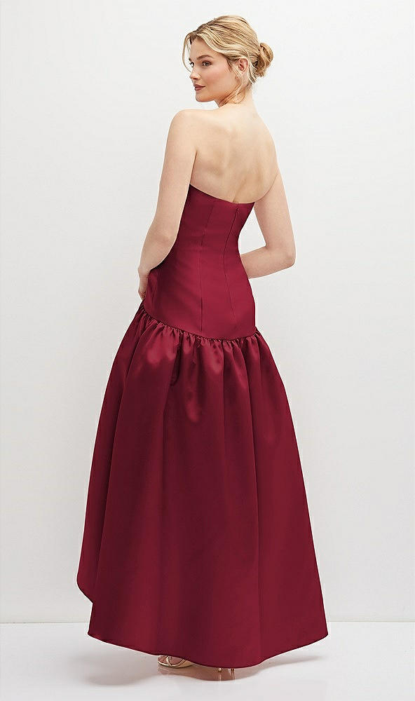 Back View - Burgundy Strapless Fitted Satin High Low Dress with Shirred Ballgown Skirt