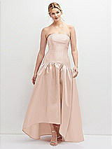 Front View Thumbnail - Cameo Strapless Fitted Satin High Low Dress with Shirred Ballgown Skirt