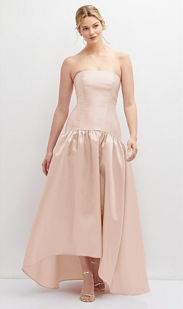 Front View - Cameo Strapless Fitted Satin High Low Dress with Shirred Ballgown Skirt